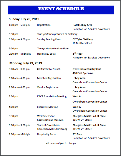 screenshot of first page of event schedule